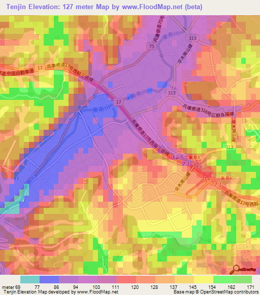 Tenjin,Japan Elevation Map