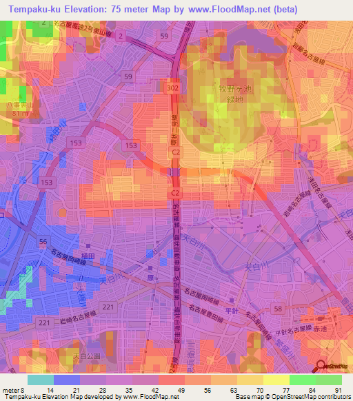 Tempaku-ku,Japan Elevation Map