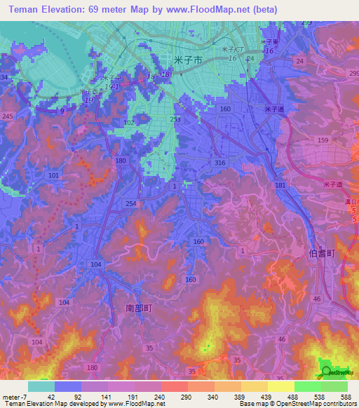 Teman,Japan Elevation Map