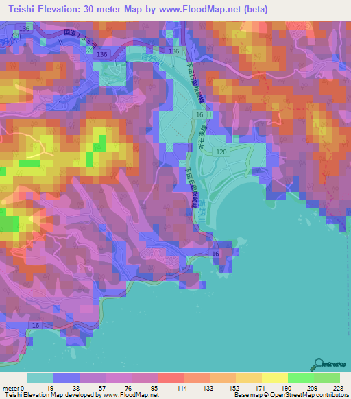 Teishi,Japan Elevation Map