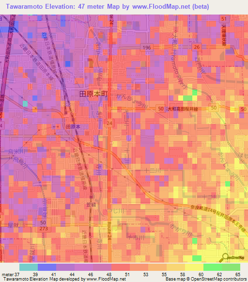 Tawaramoto,Japan Elevation Map