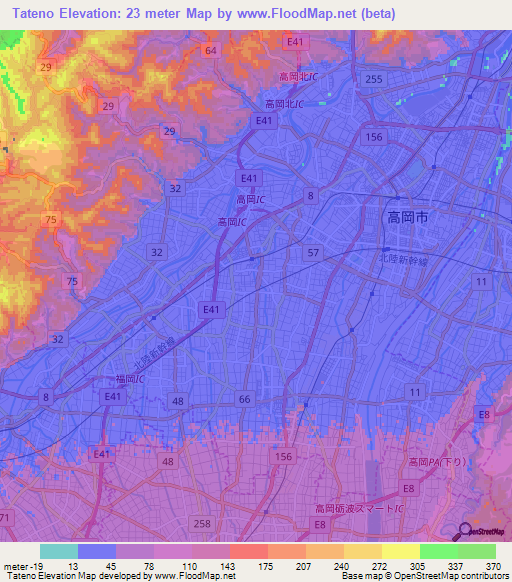 Tateno,Japan Elevation Map