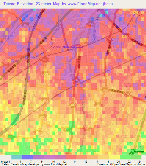 Tateno,Japan Elevation Map