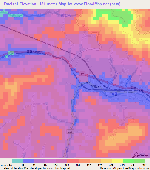 Tateishi,Japan Elevation Map