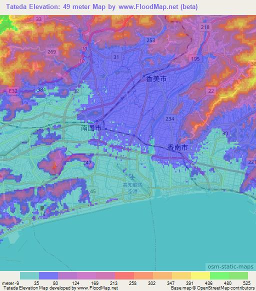 Tateda,Japan Elevation Map