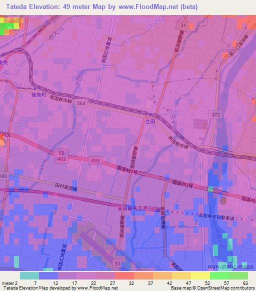 Tateda,Japan Elevation Map