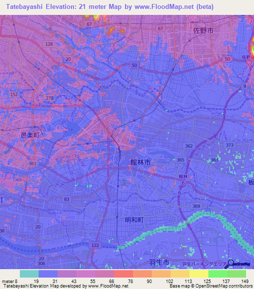 Tatebayashi,Japan Elevation Map