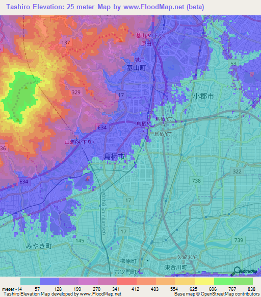 Tashiro,Japan Elevation Map