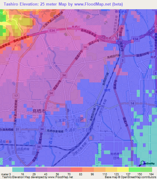 Tashiro,Japan Elevation Map