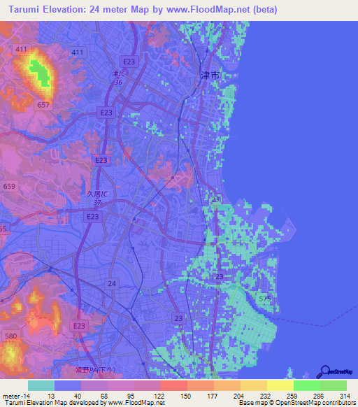 Tarumi,Japan Elevation Map