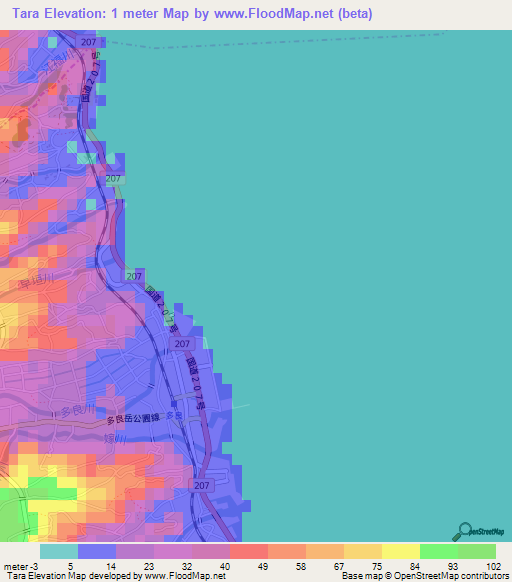 Tara,Japan Elevation Map