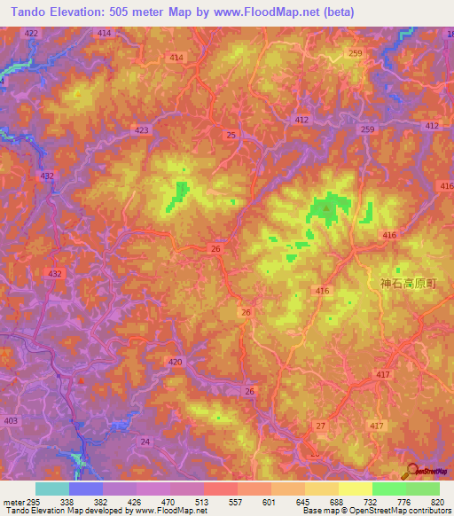 Tando,Japan Elevation Map