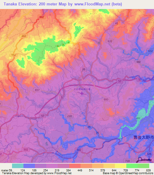 Tanaka,Japan Elevation Map