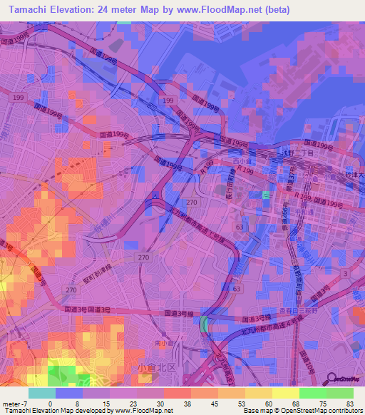 Tamachi,Japan Elevation Map