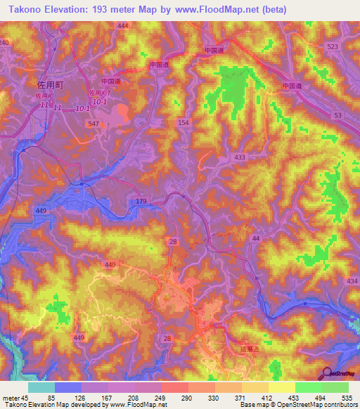 Takono,Japan Elevation Map