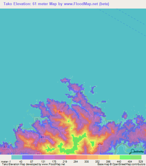 Tako,Japan Elevation Map