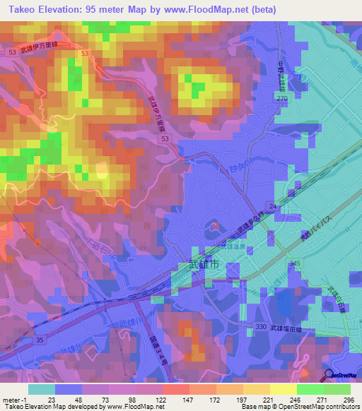 Takeo,Japan Elevation Map