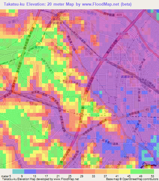 Takatsu-ku,Japan Elevation Map