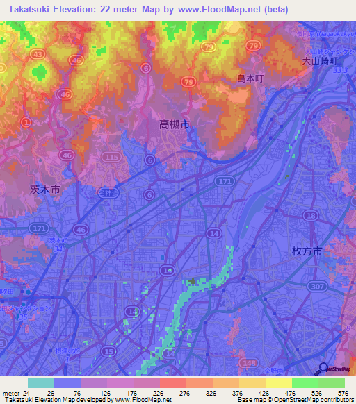 Takatsuki,Japan Elevation Map