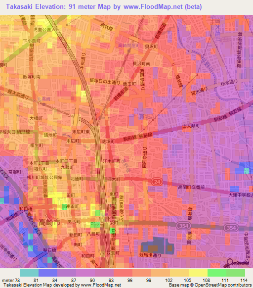 Takasaki,Japan Elevation Map