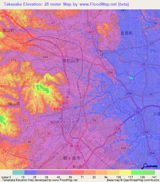 Takasaka,Japan Elevation Map