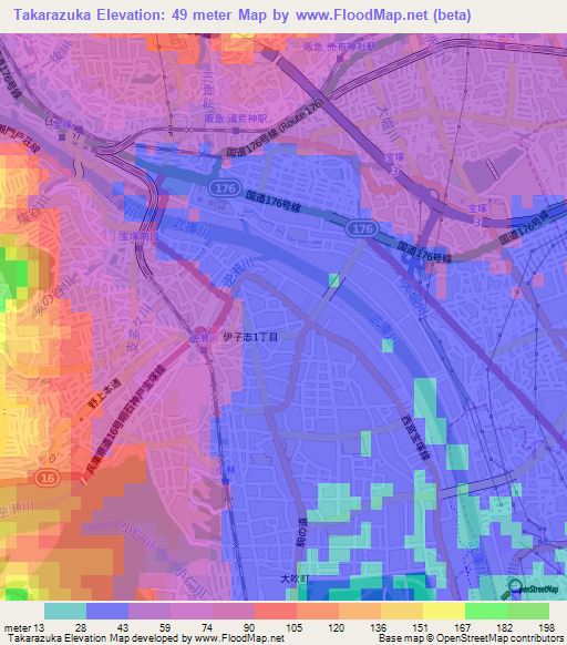 Takarazuka,Japan Elevation Map
