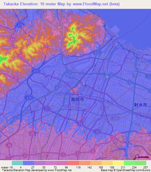 Takaoka,Japan Elevation Map