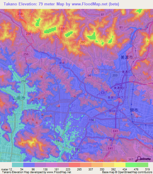 Takano,Japan Elevation Map