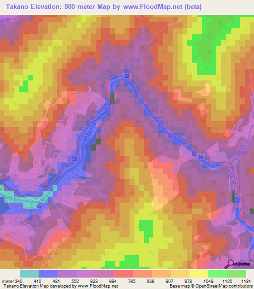 Takano,Japan Elevation Map