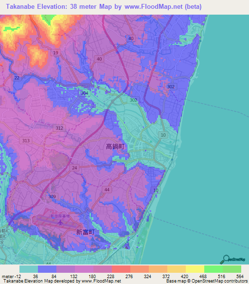 Takanabe,Japan Elevation Map