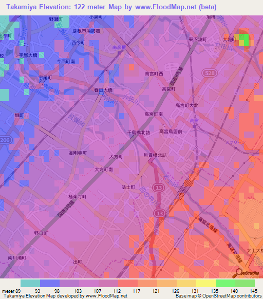 Takamiya,Japan Elevation Map