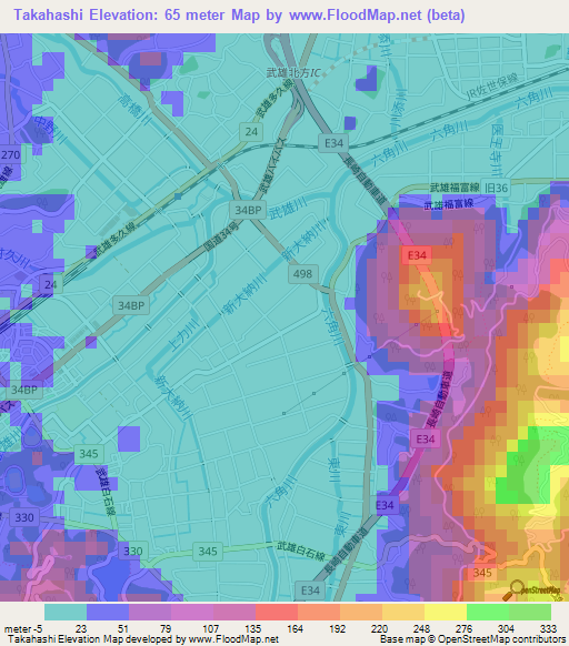Takahashi,Japan Elevation Map