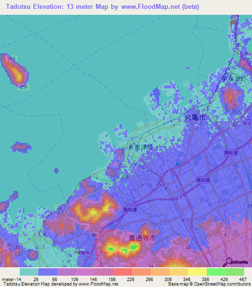 Tadotsu,Japan Elevation Map