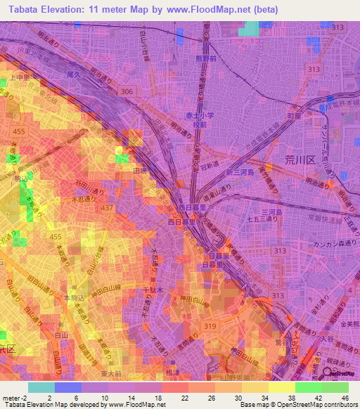 Tabata,Japan Elevation Map