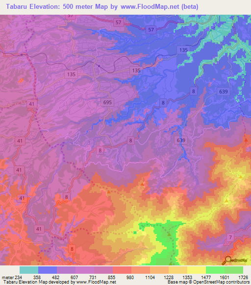 Tabaru,Japan Elevation Map