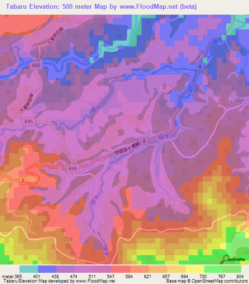 Tabaru,Japan Elevation Map