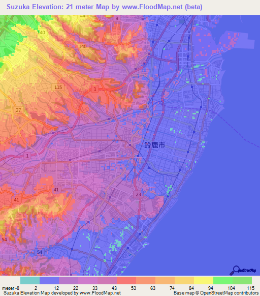 Suzuka,Japan Elevation Map