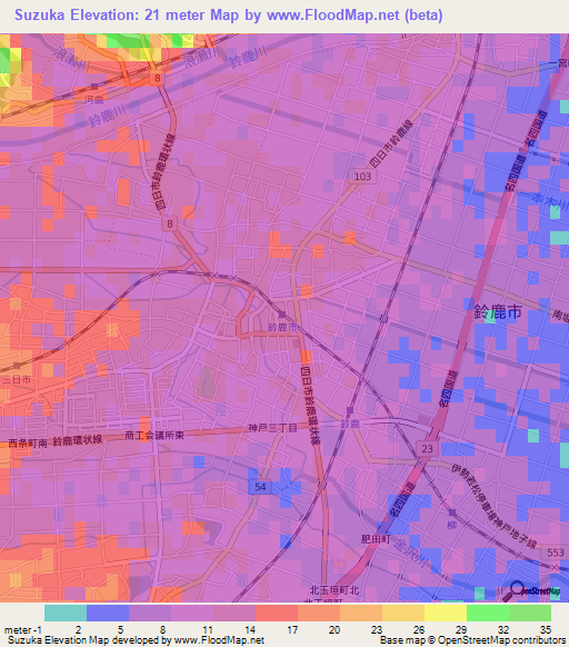 Suzuka,Japan Elevation Map