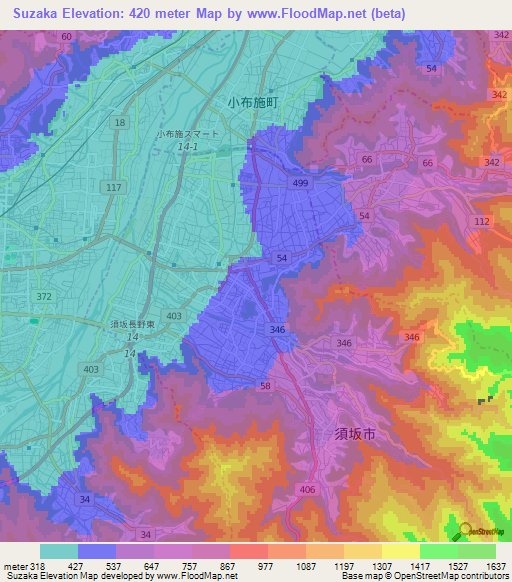Suzaka,Japan Elevation Map