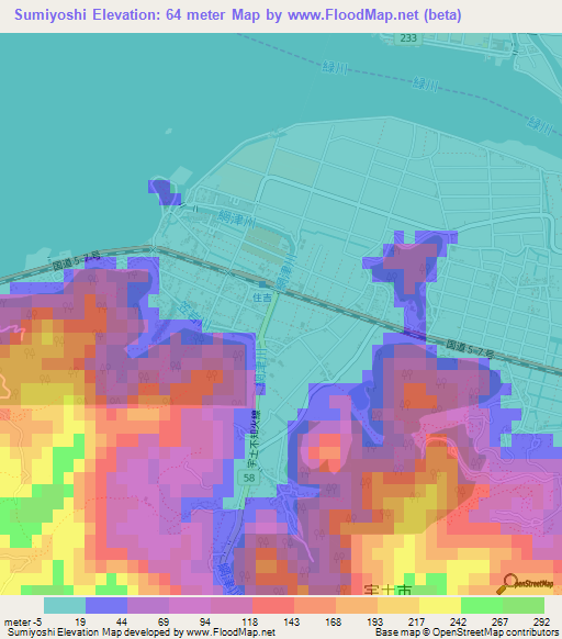 Sumiyoshi,Japan Elevation Map