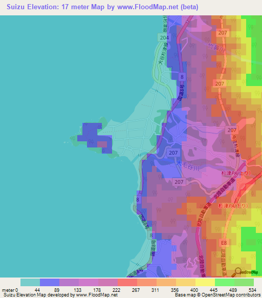 Suizu,Japan Elevation Map