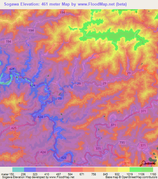 Sogawa,Japan Elevation Map
