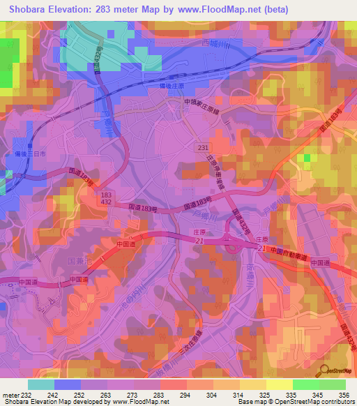 Shobara,Japan Elevation Map