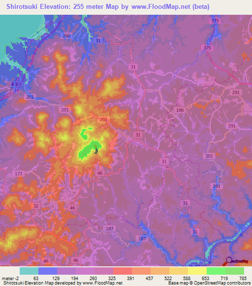 Shirotsuki,Japan Elevation Map