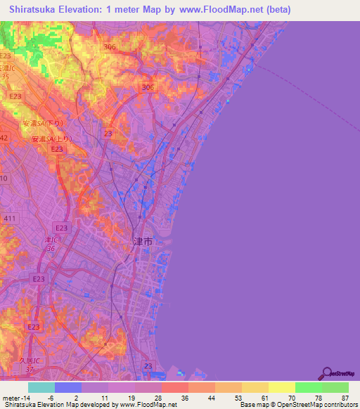 Shiratsuka,Japan Elevation Map