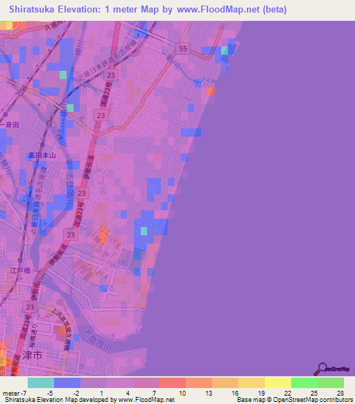 Shiratsuka,Japan Elevation Map
