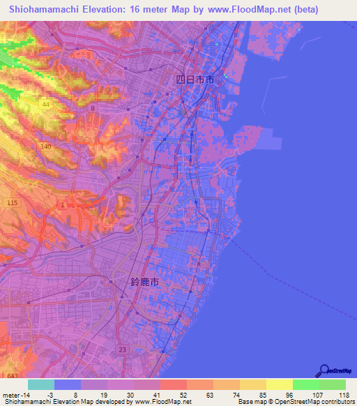 Shiohamamachi,Japan Elevation Map