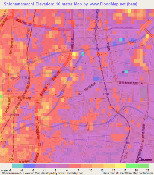 Shiohamamachi,Japan Elevation Map