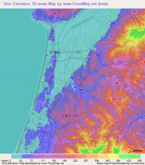 Shio,Japan Elevation Map
