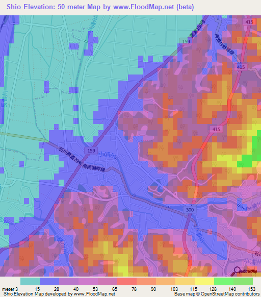 Shio,Japan Elevation Map